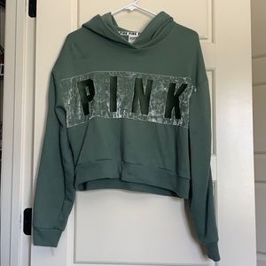 PINK army green cropped hoodie! great condition!